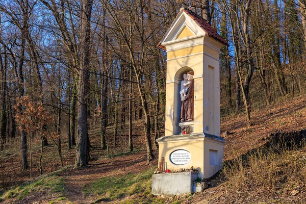 Ağaçlarla çevrili ormanda Nepomuk Aziz John heykeli. 21 Mart 2025, Hluboka Şatosu, Çek.