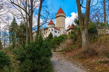 Manzaralı manzarada ağaçların arasında kırmızı çatı kuleleri olan tarihi beyaz bir kale. 17 Mart 2025, Konopiste Şatosu, Çek Cumhuriyeti.
