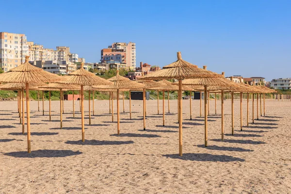 Saf mavi gökyüzünün altında kumlu sahil şeridinde saman şemsiyeleri olan terk edilmiş bir sahil..