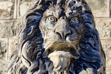 Yüzünde yoğun bir ifade olan görkemli taş aslan heykeli..