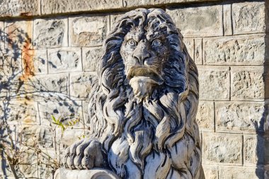 Güneş ışığında taştan duvarın karşısında görkemli aslan heykeli. 13 Aralık 2025 Sinaia Romanya.