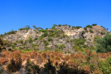 Barren rocky hillside with sparse vegetation against clear blue sky.