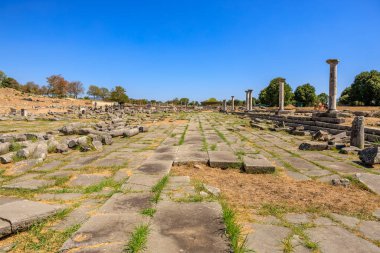Arka planda birkaç ağaç olan taştan bir geçit. Gökyüzü mavi ve çimenler yeşil. Yunanistan 'ın antik Filippi kentinin kalıntıları
