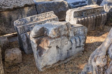 Antik kalıntılar oyulmuş taş bloklar ve güneş ışığıyla aydınlanan bölgede karmaşık desenler..