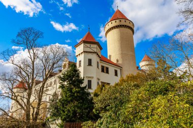 Ortaçağ şatosunun kırmızı çatı kuleleri güneşli bir günde ağaçlarla çevrili..