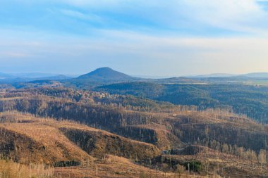 Ormanlık tepelerin ve mavi gökyüzünün altındaki uzak dağın manzarası..