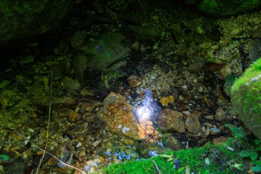 Kayalık bir alandan küçük bir su akıntısı akıyor. Su berrak ve kayalar kahverengi. Huzurlu ve huzurlu bir sahne.