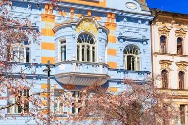 Süslü bir dış görünüşü ve şehir ortamında zarif renkli bir tasarımı olan tarihi Avrupa mimarisi. 21 Mart 2025, Ceske Budejovice, Çek.