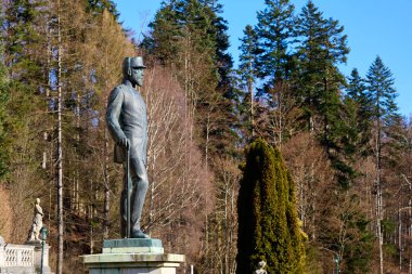 Ormandaki park ortamında bronz tarihi bir heykel. 13 Aralık 2025 Sinaia Romanya.