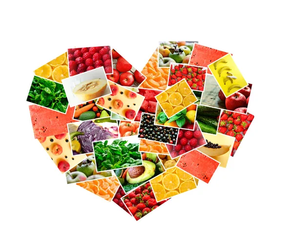 Bild av regnbåge färgglada abstrakt mix rektanglar i en hjärtform med frukt och grönsaker isolerad på vit bakgrund — Stockfoto