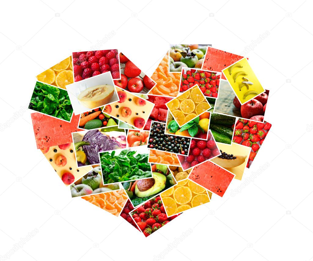 Photo of rainbow colorful abstract mix rectangles in a heart shape with fruit and vegetable isolated on white background