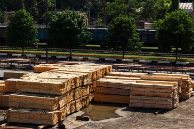 Odessa, Ukrayna, Haziran 2021. Odessa limanının kargo terminalinde istiflenmiş kereste bekliyor. Ekonomik demiryolu ve deniz lojistiği için kargolar.