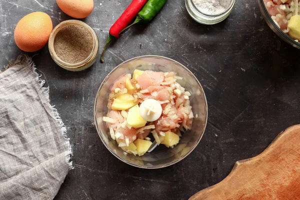 Preparazione Graduale Carne Macinata Polpette Pollo Vista Dall Alto Cucinare — Foto Stock