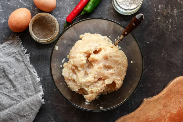 Preparazione Graduale Carne Macinata Polpette Pollo Vista Dall Alto Cucinare — Foto Stock