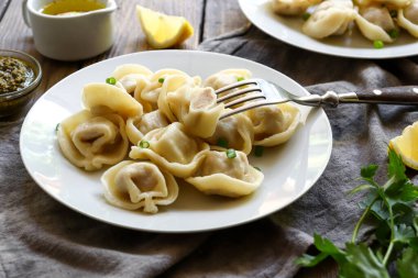 Beyaz tabakta haşlanmış etli börek. Lezzetli öğle veya akşam yemeği konsepti. Yeşil soğanlı hamur tatlısı. Yemek ve çatal..