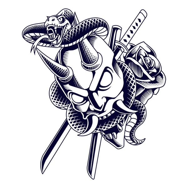 ヘビのマスコットのロゴを持つ悪魔の頭 — ストックベクタ