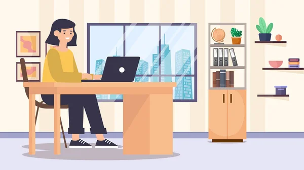 Young Woman Working Laptop Desk Home Vector Illustration Apartment Interior — Stock Photo, Image