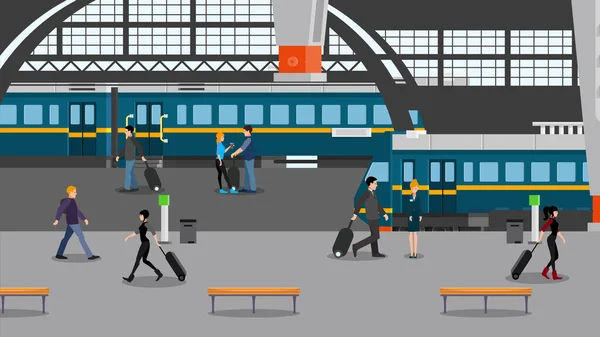 Personas Estación Tren Ilustración — Vector de stock