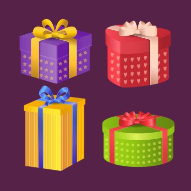 Farklı hediye kutularının vektör seti. Düz tasarım.