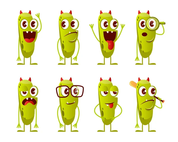 Kleine Cartoon Groene Schattige Monsters Met Rode Hoorns Verschillende Poses — Stockvector