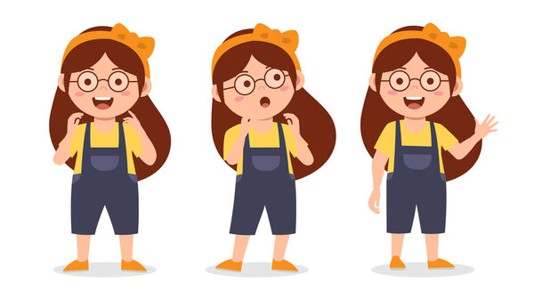 набор векторных иллюстраций детского выражения. Персонаж девушки в разных позициях иллюстрация