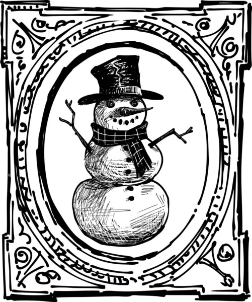 Freehand Drawing Cheerful Snowman Decorative Picture Frame — Stock Vector