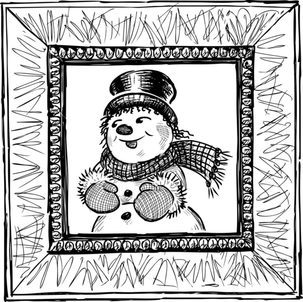Vrijstaande Tekening Van Portret Sneeuwpop Decoratieve Fotolijst — Stockvector