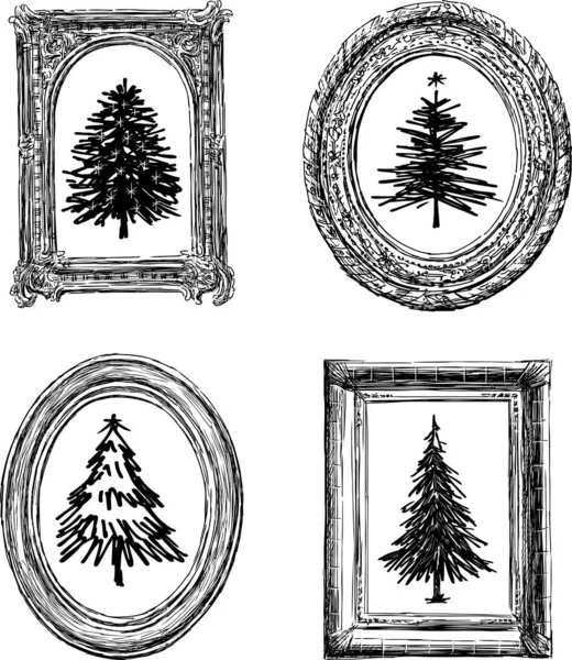 Vrijstaande Tekeningen Van Kerstbomen Verschillende Decoratieve Fotolijstjes — Stockvector