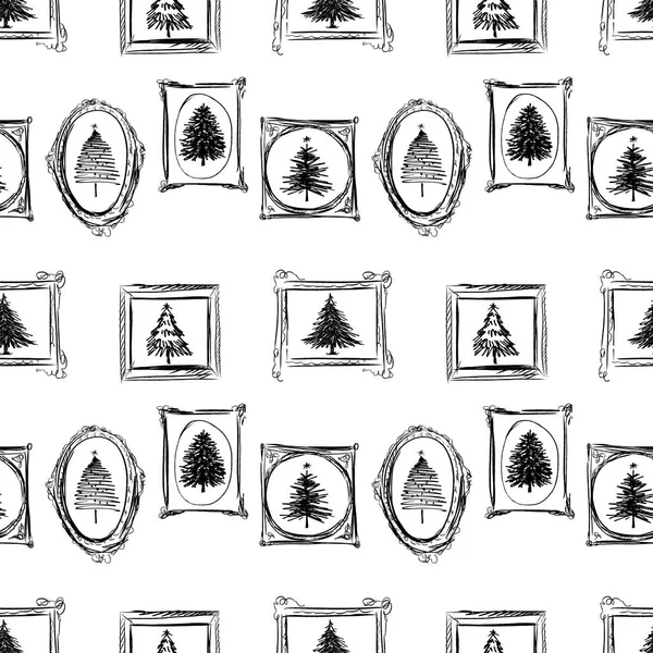 画像フレーム内の様々なクリスマスツリーのスケッチ — ストックベクタ