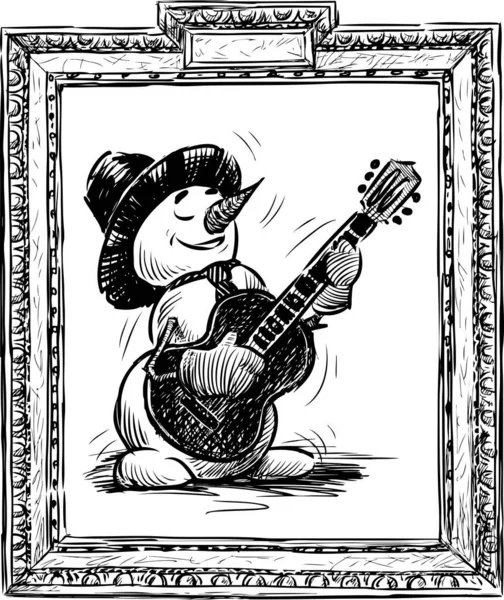 Bosquejo Del Guitarrista Muñeco Nieve Marco Decorativo — Vector de stock