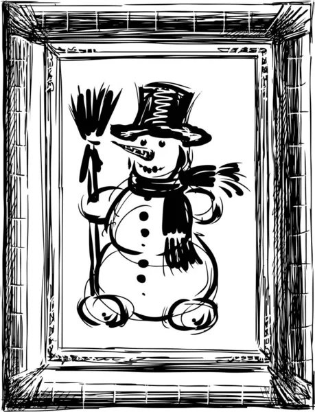 Sketch Snowman Broom Decorative Picture Frame — Stock Vector