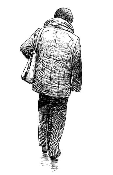 Skizze Eines Fußgängers Mit Tasche Der Die Straße Entlanggeht — Stockvektor