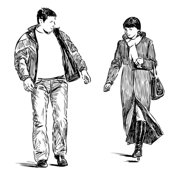 一对年轻貌美的夫妇在街上走在一起 — 图库矢量图片
