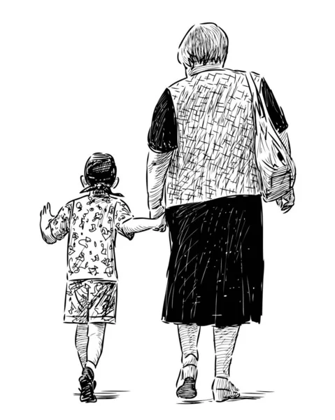 Skizze Einer Älteren Frau Die Mit Ihrem Enkel Spazieren Geht — Stockvektor