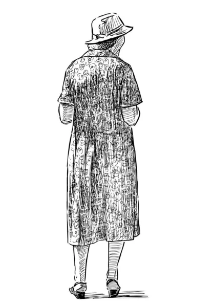 Yaz günü şapkalı, ayakta duran ve dışarı bakan son sınıf kadınının çizimi.