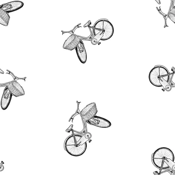 Nahtloses Skizzenmuster Städtischer Damenfahrräder Mit Körben — Stockvektor