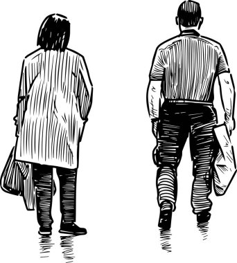 Sokak boyunca yürüyen sıradan kasabalı çiftlerin çizimi.