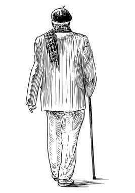 Caddede bastonla yürüyen yaşlı adamın çizimi.