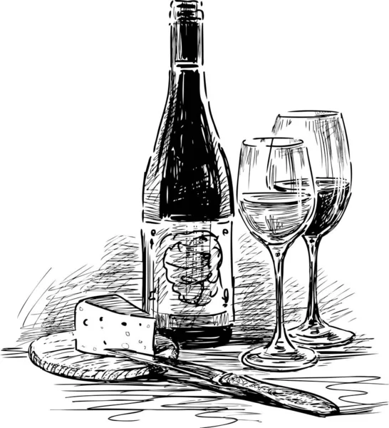 ワインボトル 2つのワイングラス チーズ ナイフのフリーハンドの描画 — ストックベクタ