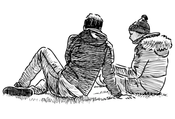 都会の公園の芝生の上で休んでいるカップルの若者のスケッチ — ストックベクタ