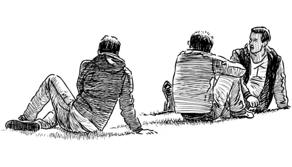 Sketsa Orang Orang Muda Croup Beristirahat Rumput Halaman Taman Kota - Stok Vektor