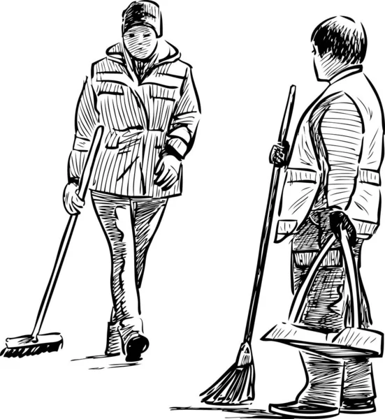 Sketches Women Street Cleaners Brooms Scoop — Stock Vector