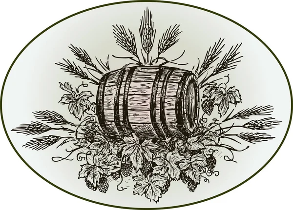 Disegno Vettoriale Canna Birra Rami Luppolo Spighe Cereali — Vettoriale Stock