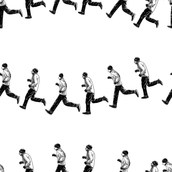 Fond Sans Couture Croquis Hommes Jogging Dans Rangée — Image vectorielle