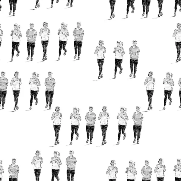 Fundo Sem Costura Esboços Multidão Mulheres Jogging Saudável — Vetor de Stock