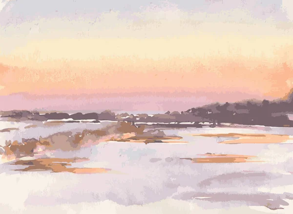 Vector Aquarel Landschap Van Ijzige Winter Ochtend Het Platteland — Stockvector