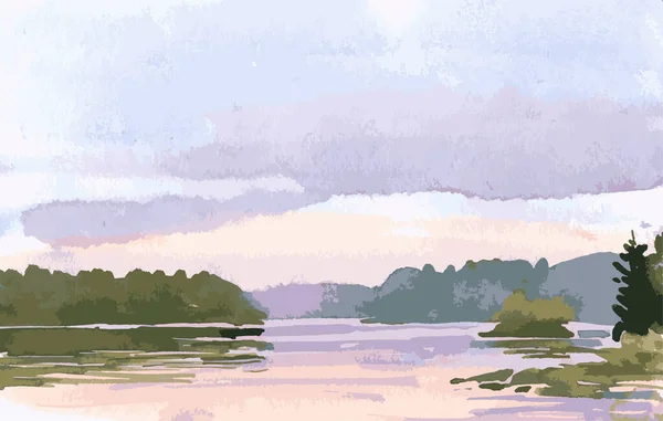 紫丁香落日湖畔的矢量水彩画 — 图库矢量图片