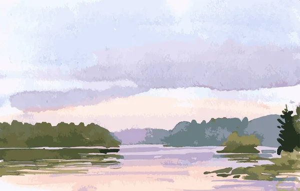 Paysage Aquarelle Vectoriel Bord Lac Coucher Soleil Lilas — Image vectorielle