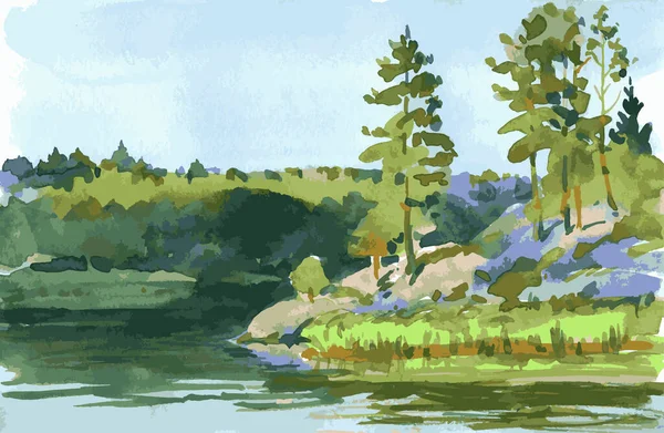 Paysage Aquarelle Vectoriel Bord Rivière Avec Pin Été — Image vectorielle