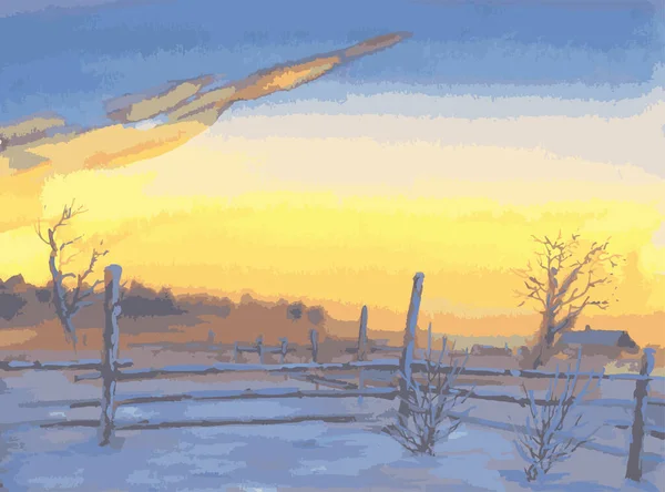 Paysage Aquarelle Vectoriel Hiver Jaune Coucher Soleil Givré Dans Campagne — Image vectorielle